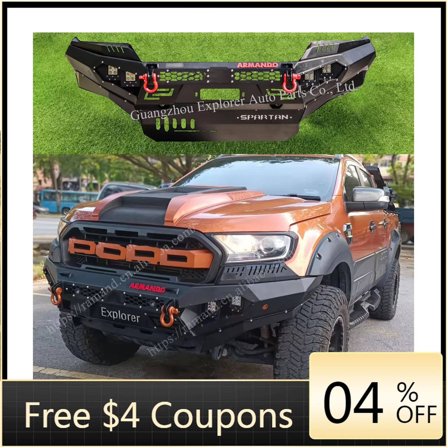 Barra de parachoques delantero de coche Armando para Ranger T7T8 con soporte de cabrestante de luz Led accesorios de coche 4X4 parachoques de acero