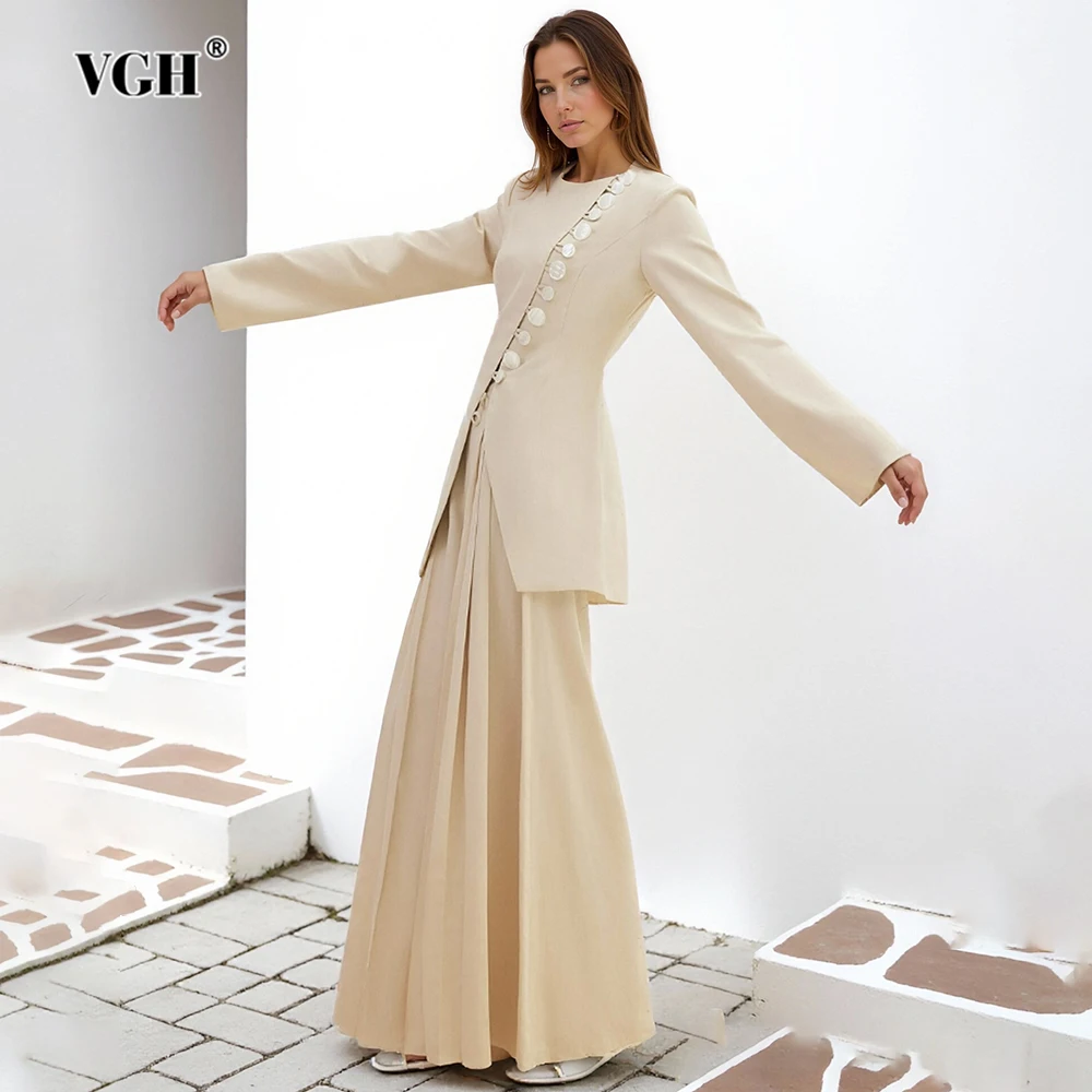 

VGH Designer Slimming Solid Spliced Button Jackets For Women Round Neck Long Sleeve Temperament Jacket Female Fashion Style New