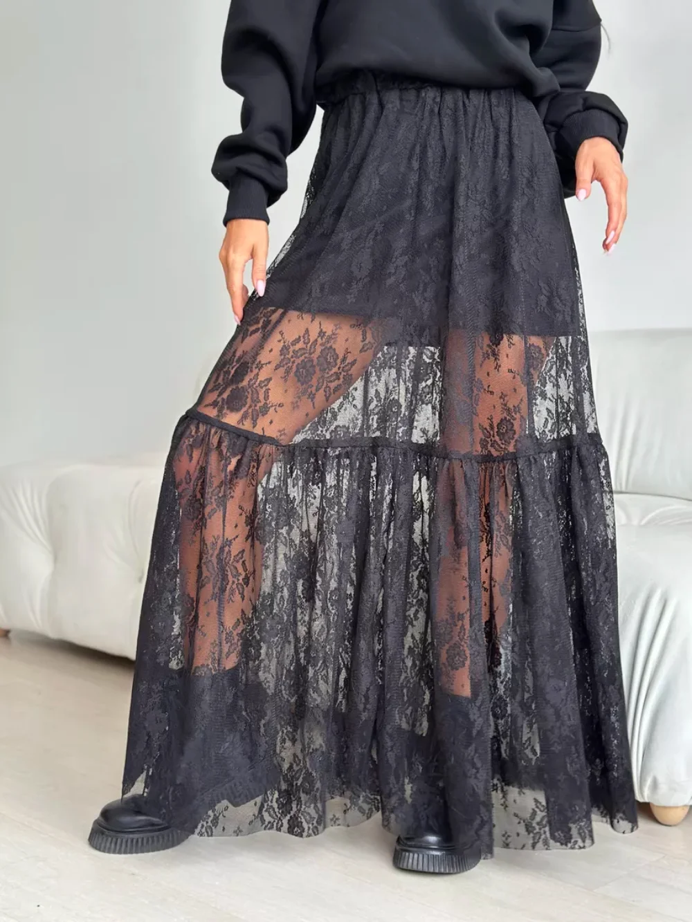 

New women's elegant retro chic elastic waist black flower decoration loose slim mesh maxi skirt new fashion beach party dress
