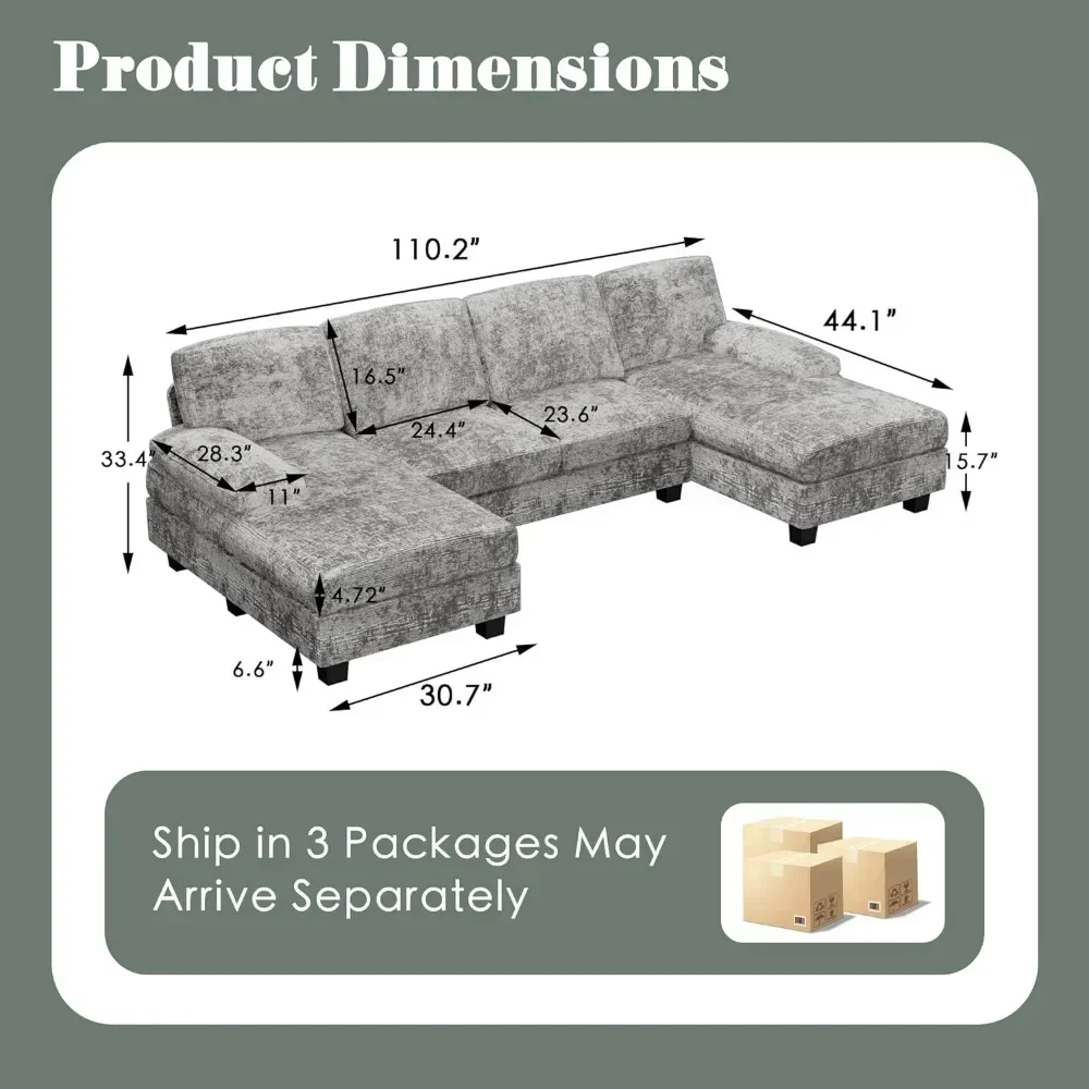 Convertible Sectional Sofa Couch, 4 Seat Sofa Set for Living Room U-Shaped Modern Fabric Modular Sofa Sleeper with Double Chaise image 2