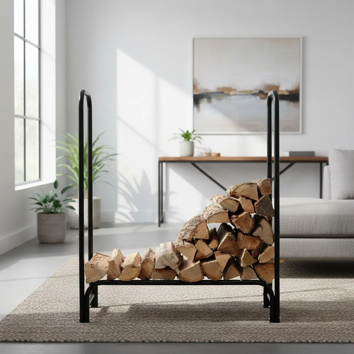 Heavy-Duty Steel Firewood Rack 8 ft Black Outdoor Backyard Bonfire Wood Storage Organizer