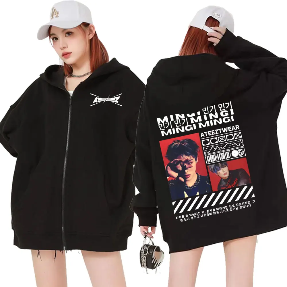 Limited Korean Band Mingi Ateez Graphic Zip Up Hoodies Men Fashion Hip Hop Vintage Jacket Sweatshirt Casual Fleece Zipper Hoodie