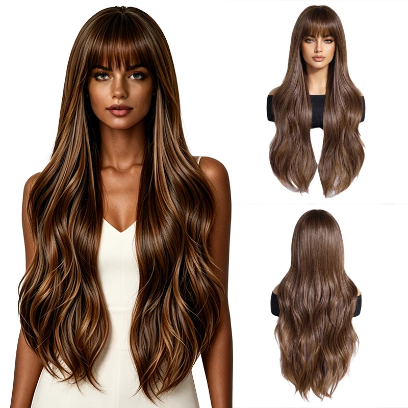 

Natural Brown Long Wavy Wig with Bangs Heat Resistant Synthetic Wig Soft Fluffy Full Head Wig For Black Women Daily Party
