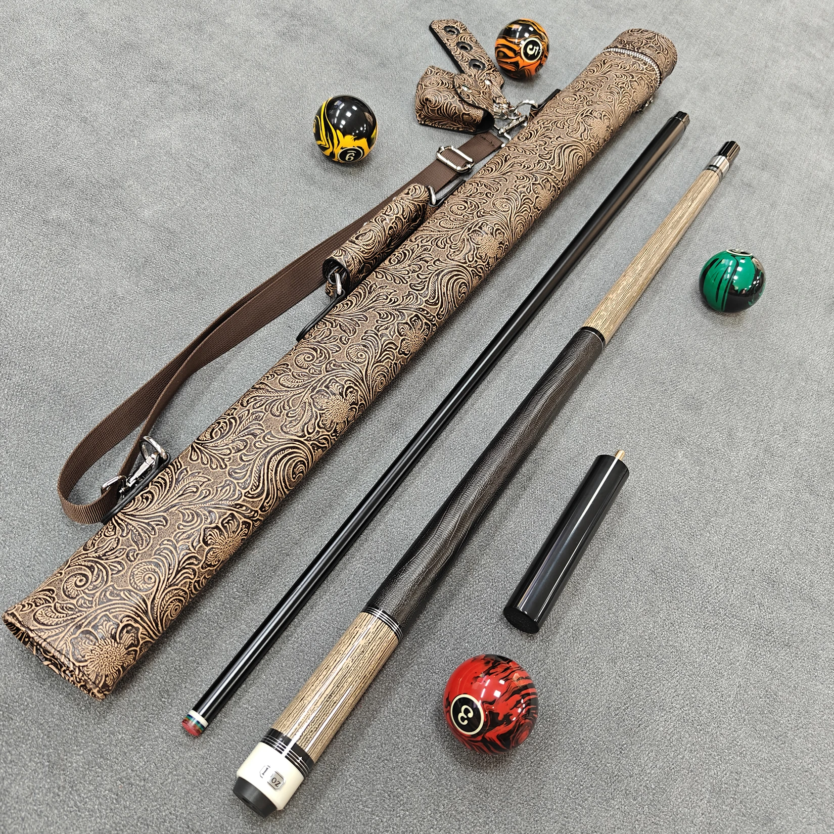 58' 1/2-Split Wood-Grain tech Pool Cue, vintage Embossed Case & Extension Butt, 19oz, 12.5mm Tip, Ideal for Indoor Play