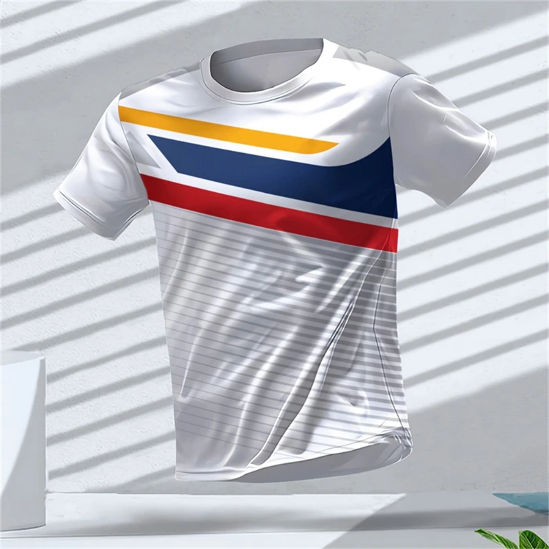 Men Sports Short Sleeve T-Shirt Quick Dry High Elastic Orange Gradient Stripe Geometric Print Breathable Slim Training Top