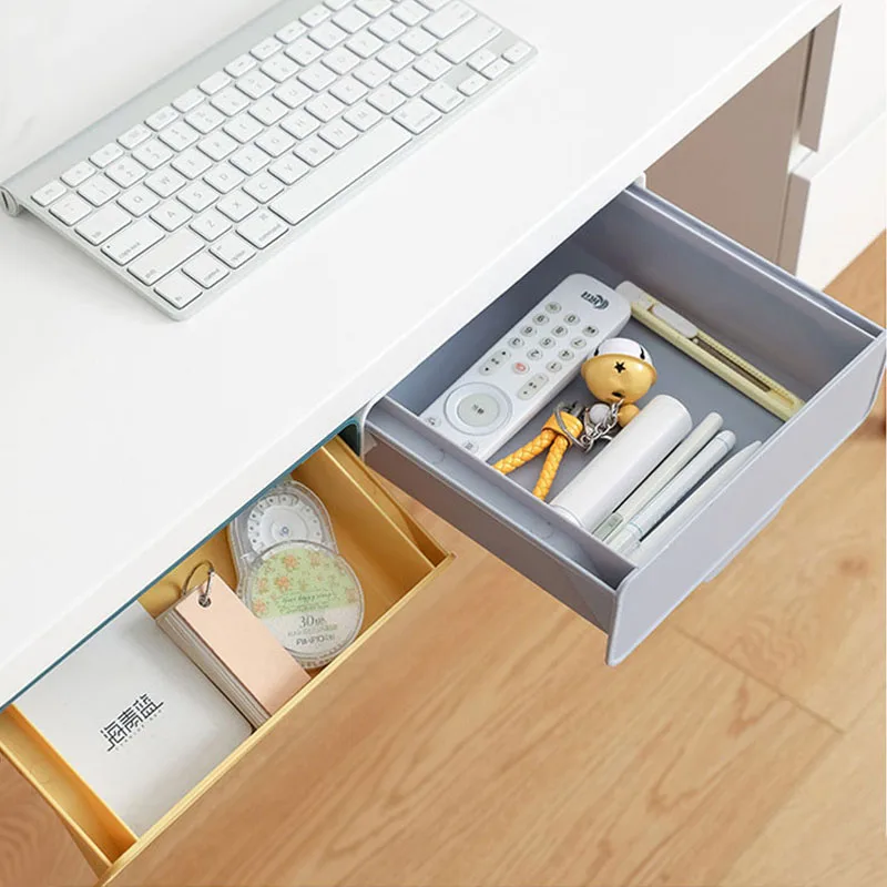 Hidden Hanging Storage Organizer Kitchen Drawer Storage Box Punch-Free Under Table Self-Adhesive Drawer Case Fork Spoon Tray