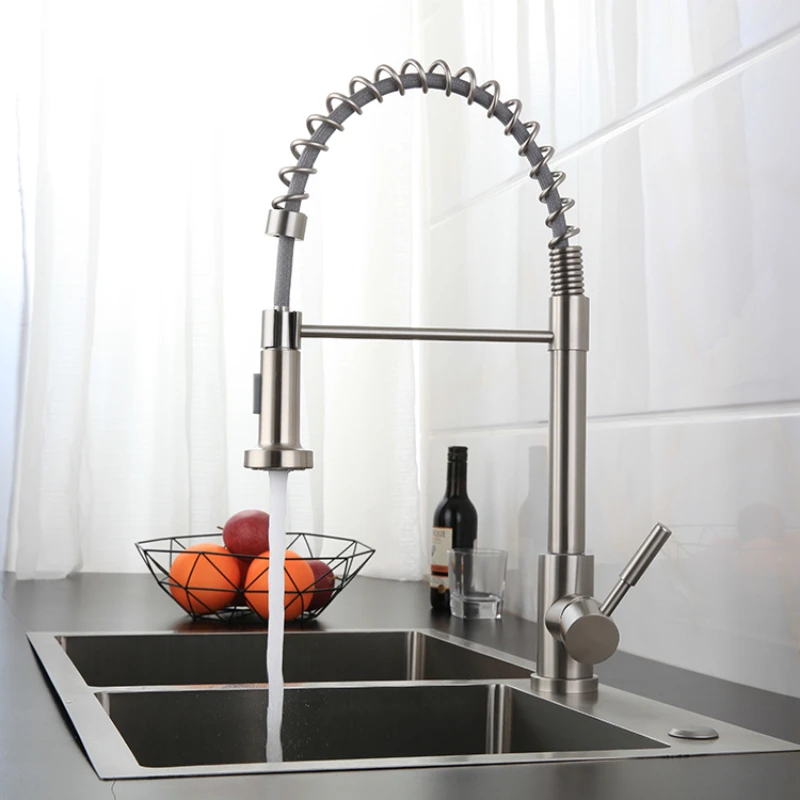 

Pull Down Sprayer Spring Kitchen Faucet Brushed Nickel Stainless Steel 304 Single Lever Low Lead Commercial Kitchen Sink Faucet