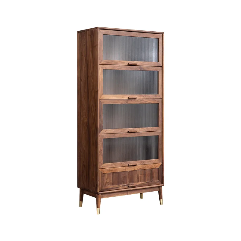 

Modern light luxury black walnut TV side cabinet, living room wall bookcase