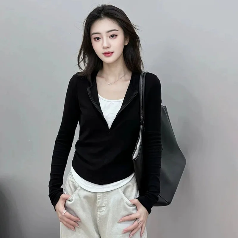 

Korean Fashion Long Sleeve T Shirts Women Non-See-Through Fabric Fake Two Pieces Versatile Top Lady Casual Soft Slim Fit Y2K Tee