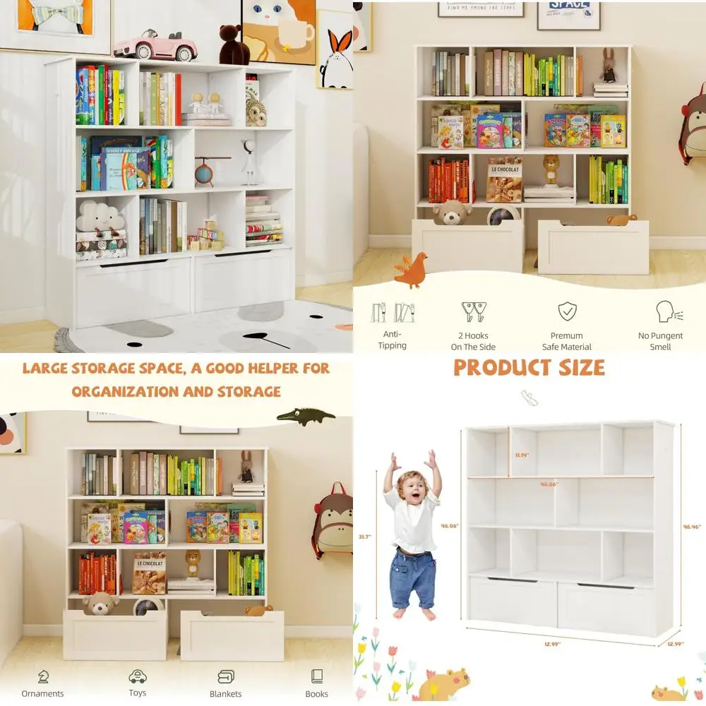 منظم تخزين ألعاب الأطفال مع درجين، ورف كتب للأطفال وخزانة تخزين، مثالي لتنظيم الألعاب والكتب