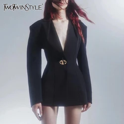 TWOTWINSTYLE Blazers de emagrecimento sólido para mulheres gola V manga comprida túnica de retalhos de bolso e temperamento moda feminina nova