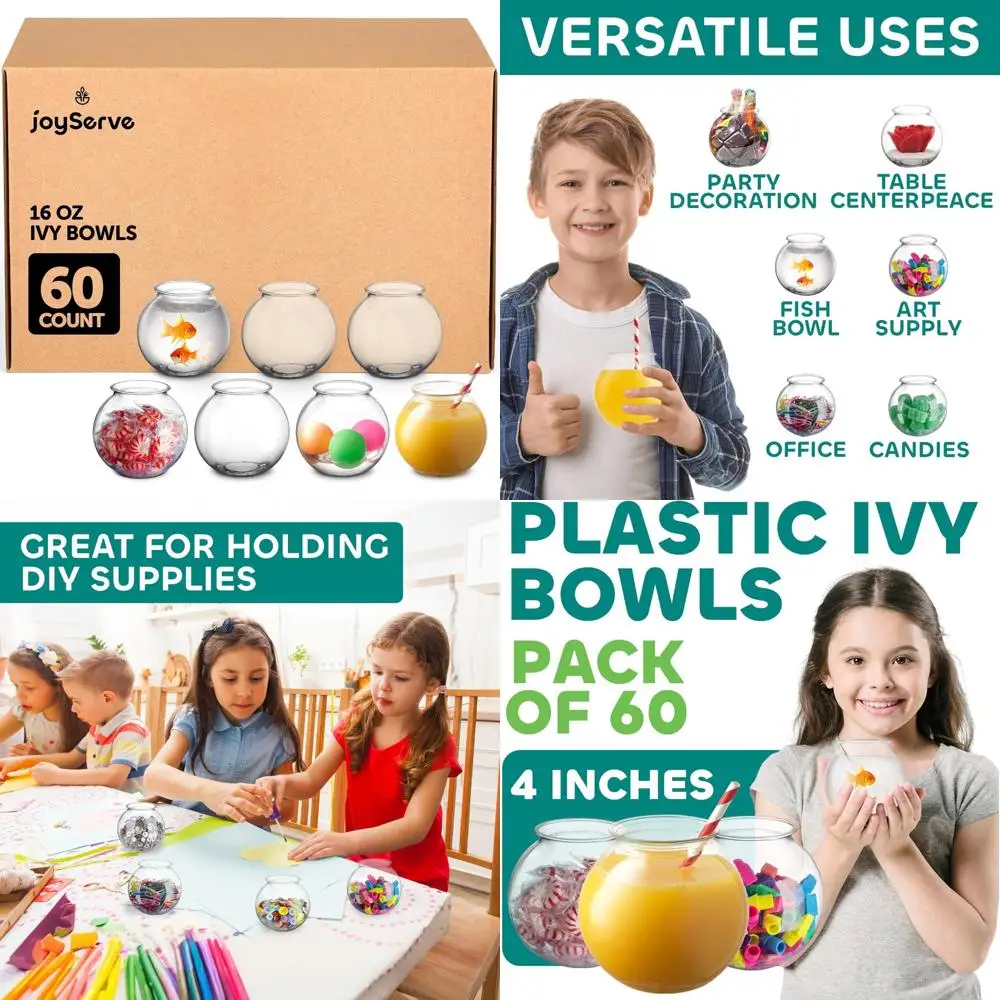 

Пластиковые миски для рыбы, 16 унций, 60 шт., 4-дюймовые сверхмощные миски в стиле плюща для конфет, карнавальных игр, призов, центральных элементов и многого другого