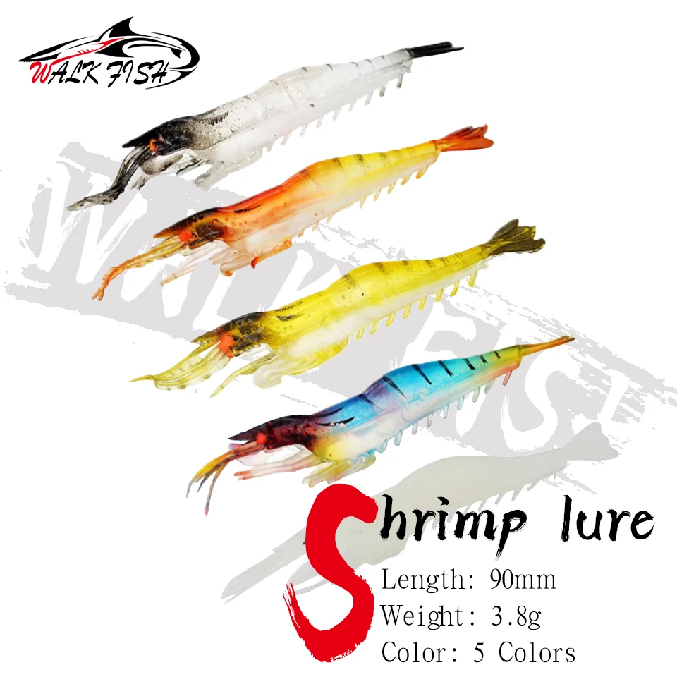 WALK FISH 5PCS 9cm 3.8g Señuelo de Pesca Suave de Camarón con Ranura para Anzuelo, Luminoso Nocturno, Camarón Artificial con Ojo, Cebo Falso