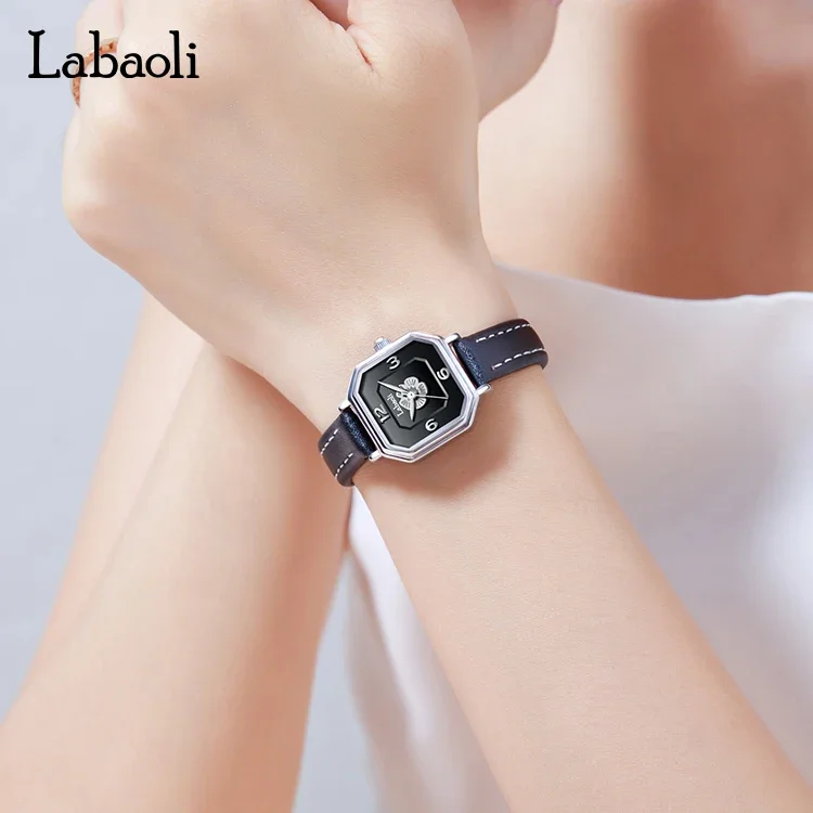 

Light luxury women watch leather strap with octagonal rectangular camellia design quartz suitable for daily work and gatherings