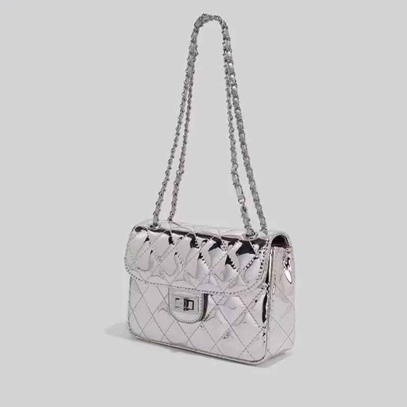 

Trendy Silver Women's Bag 2025 New Diamond id Chain Versatile High-End oulder Crossbody Small Square Bag Faionable PU L...