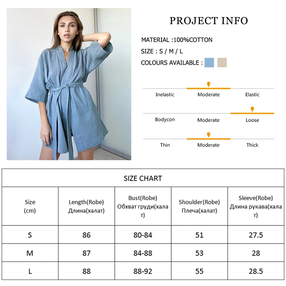 Crape Cotton Robe Women\'s Nightwear Mini Bathrobes Lace Up Sleepwear Muslin Women\'S Home Clothes Solid Color Robes Women Nightie