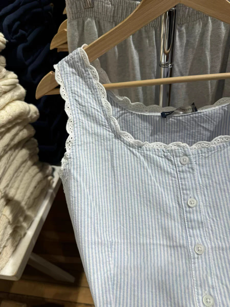 الدانتيل تقليم الأزرق مخطط تانك القمم المرأة الصيف واحدة الصدر ساحة طوق بروتيل الحلو عادية بسيطة أكمام المحاصيل القمم Y2k