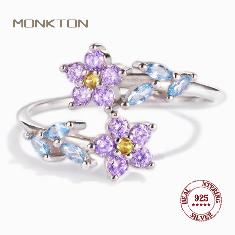 

Monkton 100% 925 Sterling Silver Purple Flower Rings for Girls Branch Tree Leaf Adjustable Engagement Anniversary Ring Jewelry