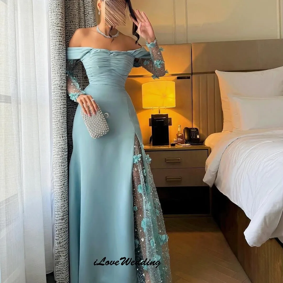 فساتين سهرة مخصصة باللون الأزرق قبالة الكتف 2025 أنيقة مطوي للنساء فستان الحفلات ثلاثية الأبعاد زهرة الدانتيل فساتين رسمية للنساء
