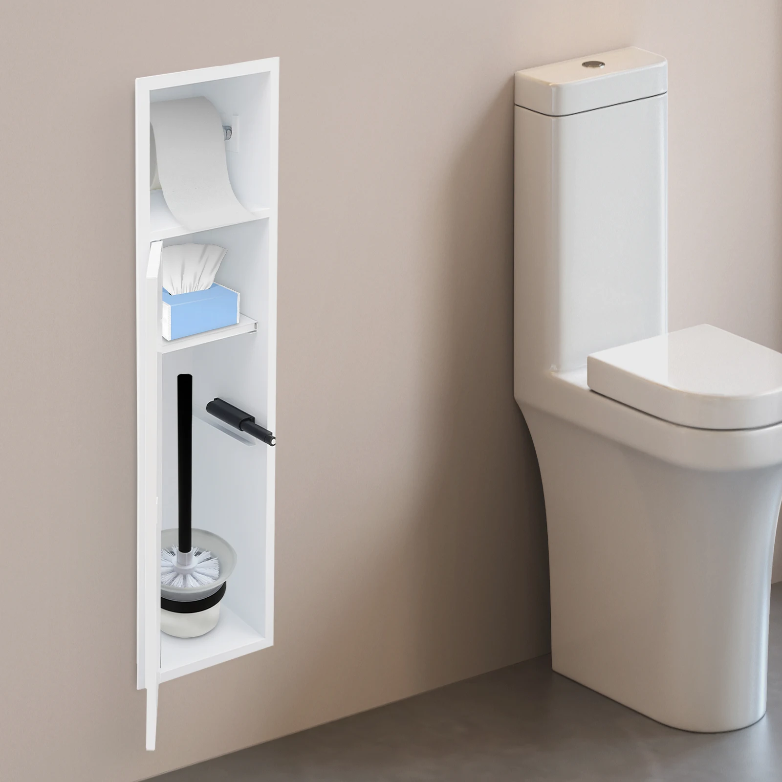 Doppelschichtiger Badezimmerschrank, Badezimmer-Nischen-Shampoo-Taschentuch-Aufbewahrungsregal, 63 x 15 x 15 cm, mit Toilettenpapierhalter – Detail 1