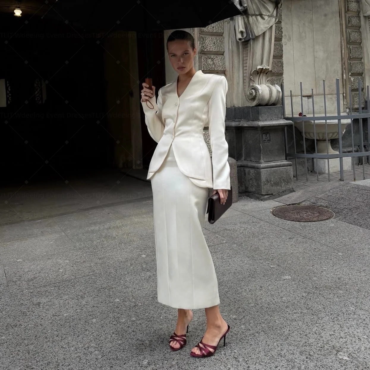 TLIT Customized Ivory Satin Two Piece Bridal Gown V Neck Long Sleeve Fitted Blazer Midi Skirt Set Elegant Civil Wedding Dress
