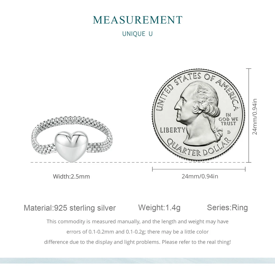 WOSTU Solid 925 Sterling Sivler 9MM Big Heart Watchband Chain Rings For Women Lovely Girl Heart-shaped Watch Link Ring Jewelry