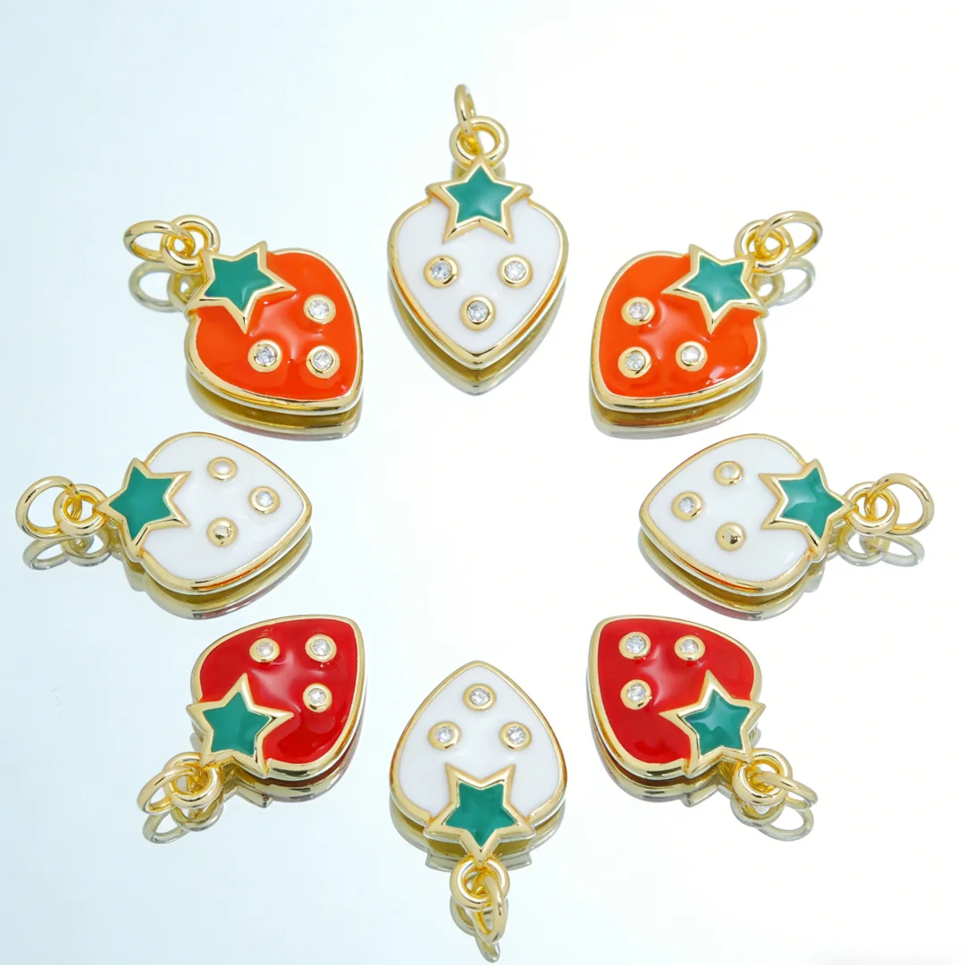 

4Pcs Pendants Brass Enamel Cubic Zircon Strawberry Charms Cute Fruit Design for DIY Jewelry Making Necklace Bracelet Accessories