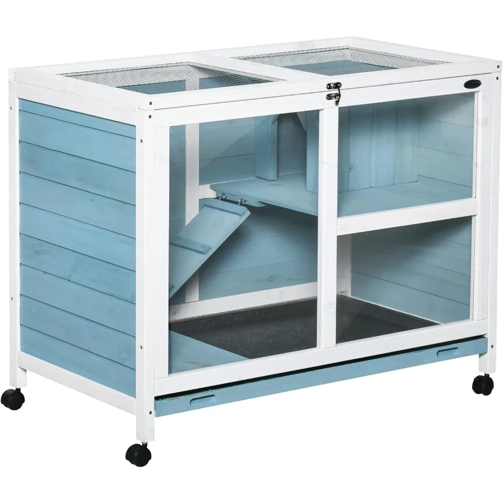 

Rabbit Hutch with Wheels, Desk and Side Table Sized, Wooden Rabbit Cage, Waterproof Small Bunny Cage with Removable Tray, Opena