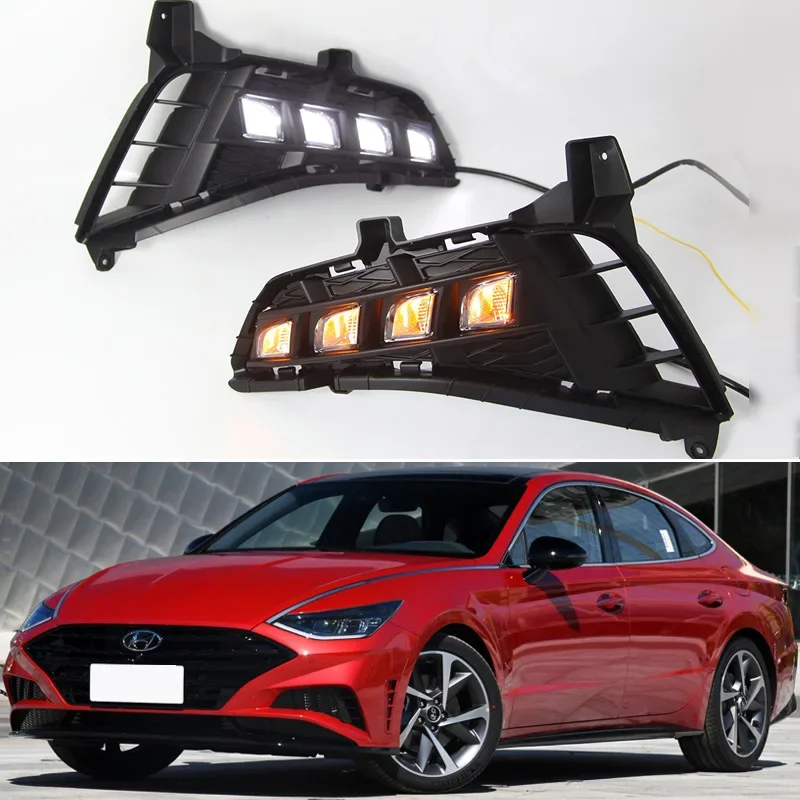 LED DRL Daylights For Hyundai Sonata 2021 2022 Dynamic Turn Yellow Signal  Auto Bulb Headlamps LED Daytime Running Lights