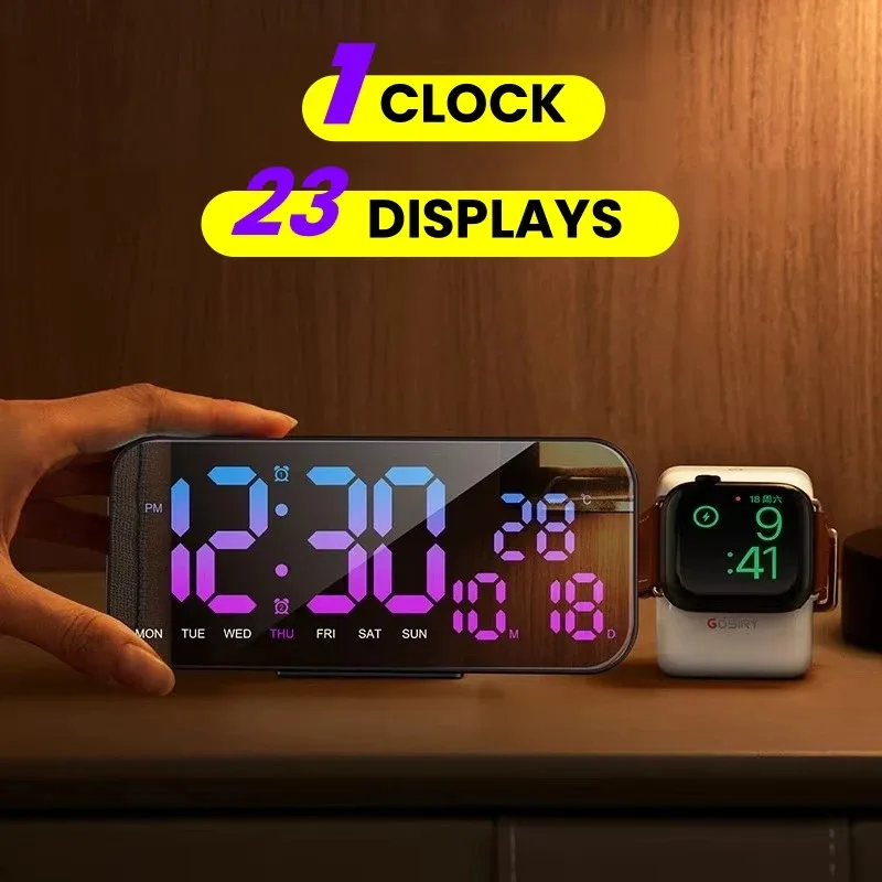 

Upgrade! 23 RGB Color Changing Digital LED Alarm Clock Mirror Snooze Table Clock Wall USB Clock Watch With Temperature Date Week