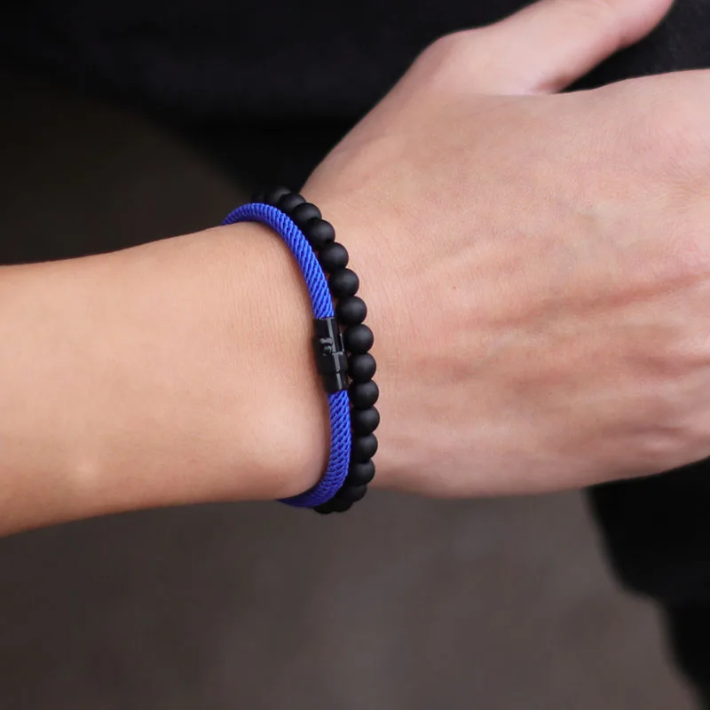 2Pcs/Set Cool Motorcycle Accessories Bracelet For Men Outdoor Sports Camping Cycling Braslet Black Matte Stone Strand Braclet