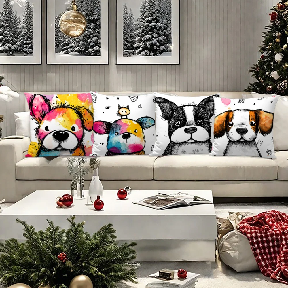 Cute Dog Puppy Illustration Pillowcase Cover 4pcs 40x40cm Set Funny Pet Animal Throw Cushion for Bedroom Home Decoration Gift