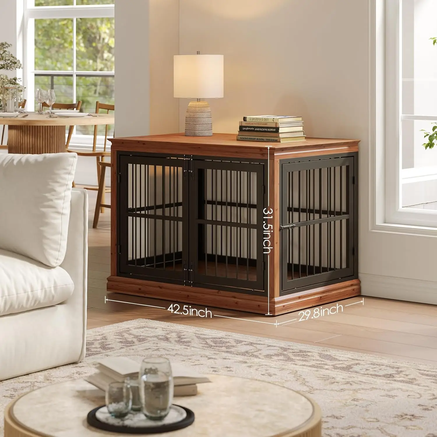 42 بوصة أثاث من الخشب الصلب للكلاب - بيت الكلب داخلي للطاولة النهاية، تصميم المزالج الصامتة المقاومة للمضغ