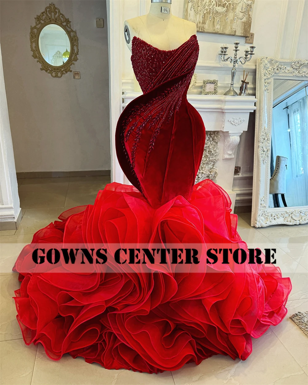 Popular Red Strapless Aso Ebi Evening Dresses 2025 Beads Rhinestones RuffleS Train Mermaid African Wedding Party Gown Customized