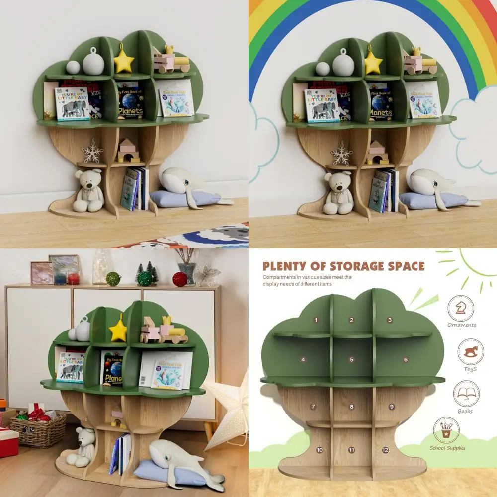 4-Tier Toddler Bookshelf: Green Tree Kids' Book Rack for Children's Books and Toy Storage, Forest Wood Display Shelf