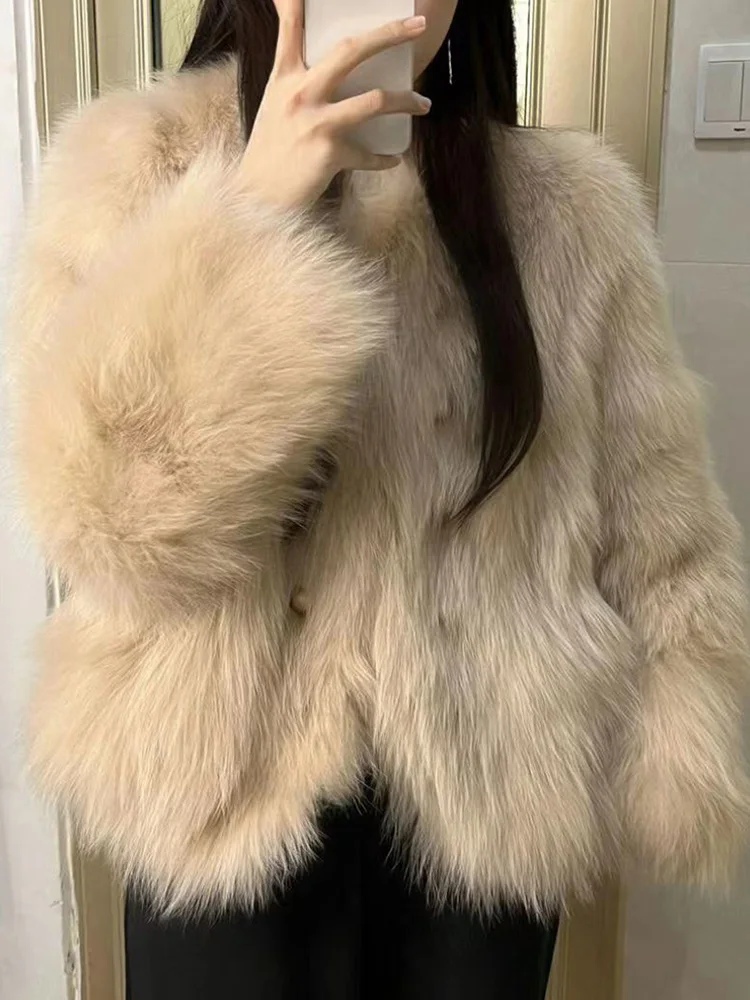 Nepbont Vrouwen Elegante Jas Winter Mode Lange Mouw Warme Jas Koreaanse Faux Vos O Hals Vrouwelijke Zoete Effen Chic Uitloper Tops