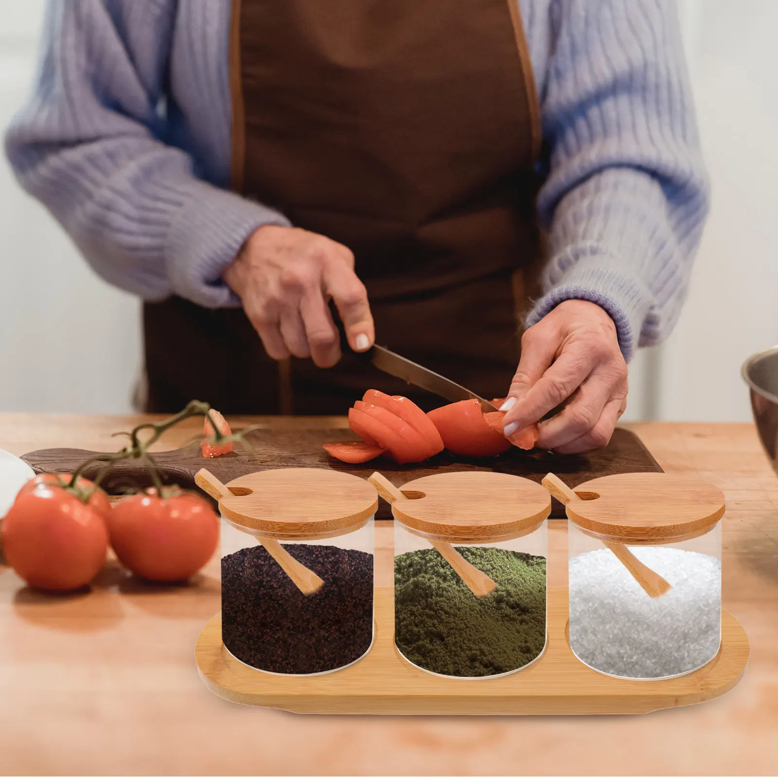 Juego de 1 tarro de especias de vidrio con base de bambú ecológico, con tapa, cuchara y bandeja para sal, azúcar, pimienta, ajo, comino, albahaca, para la cocina