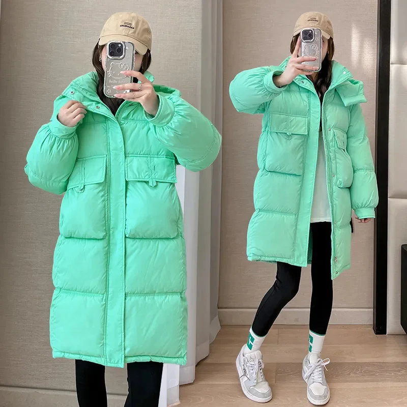 Long Down Cotton Jacket For Women Long 2024 new Korean Version Loose Hooded ParkaThick Winter Cotton Coat Outerwear Pink White