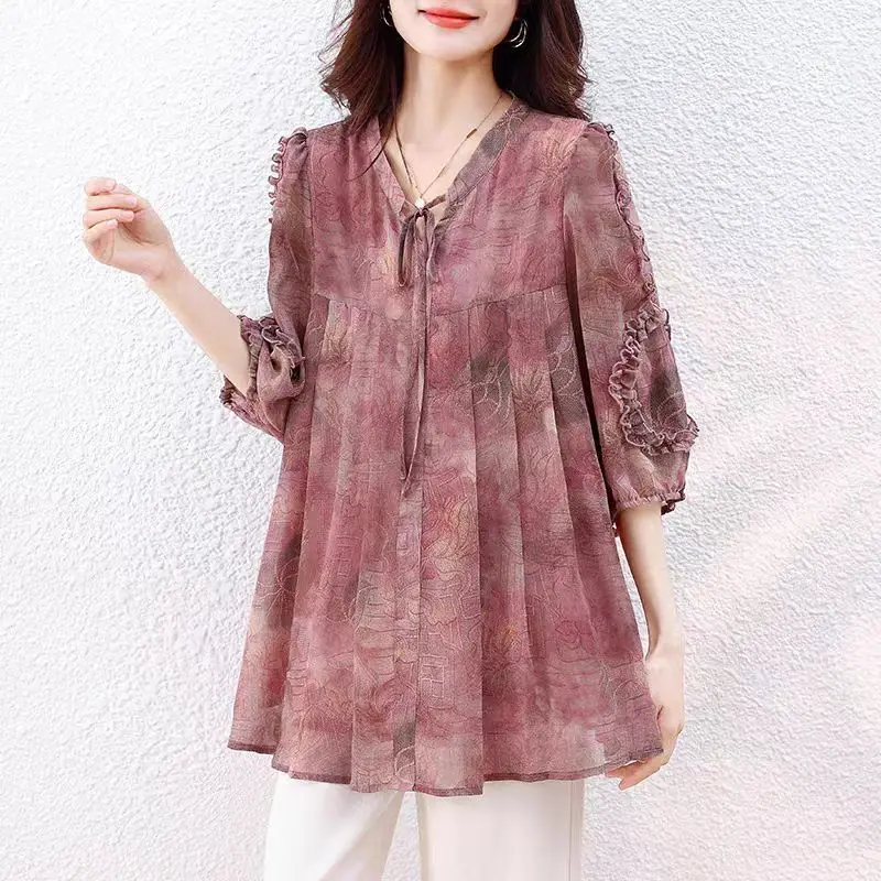 

Summer Chiffon Blouse Women Print Loose Top