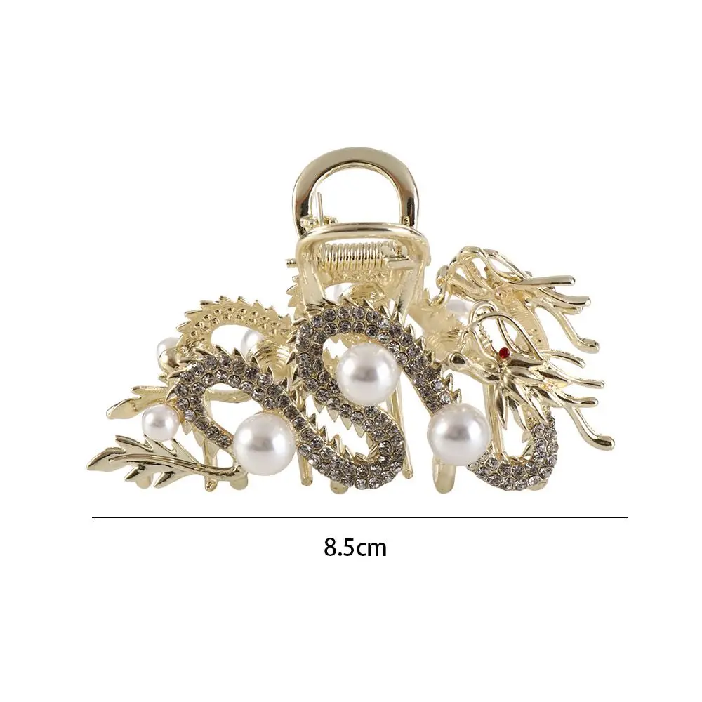 Cute Pearl Zodiac Dragon Hair Claw Hairpin New Year Headwear Animal Hair Clip Grab Clip Headdress Rhinestone Shark Clip Female