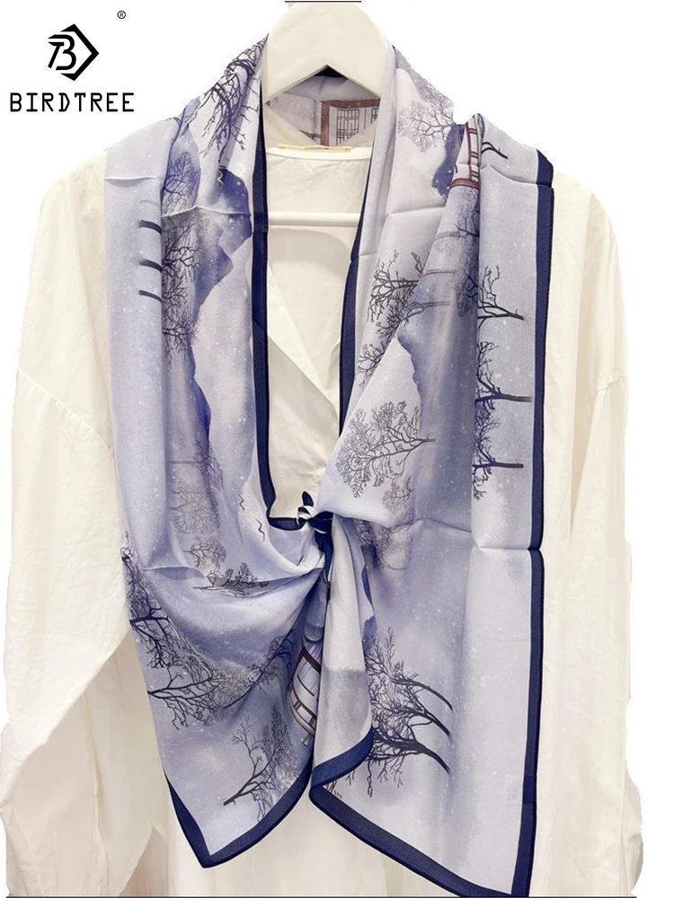 Birdtree 100%Mulberry Silk Fashion Silk Scarf Print Gentle Versatile Comfortable Breathable 2024 Spring Fall Silk Scarf A3D735QD