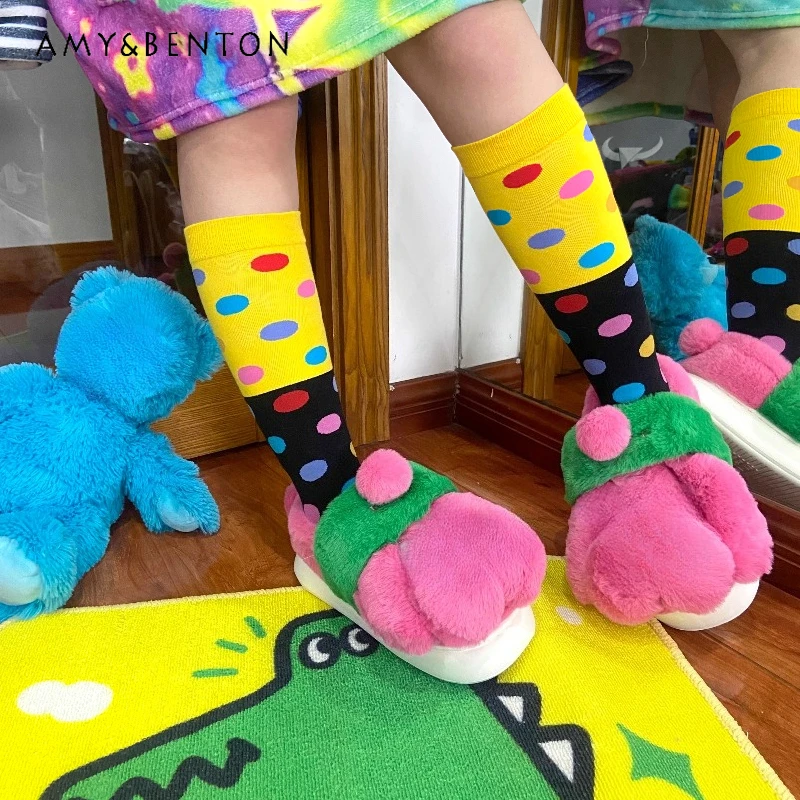 

Original Design Y2K Hot Girl Color-Block Polka Dot Women's Hosiery Autumn Winter New Fleece-Lined Warm Mid-Calf Socks Ladies