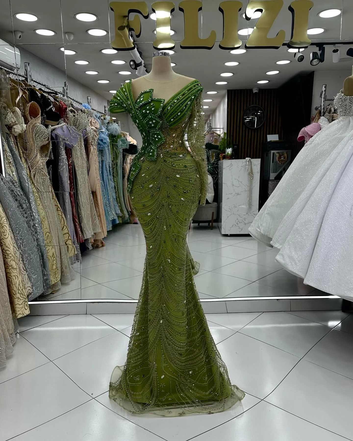 Customized 2025 Olive Green Mermaid Prom Dresses Beaded Crystals Florals Evening Formal Party Birthday Gowns Dresses ZJ180