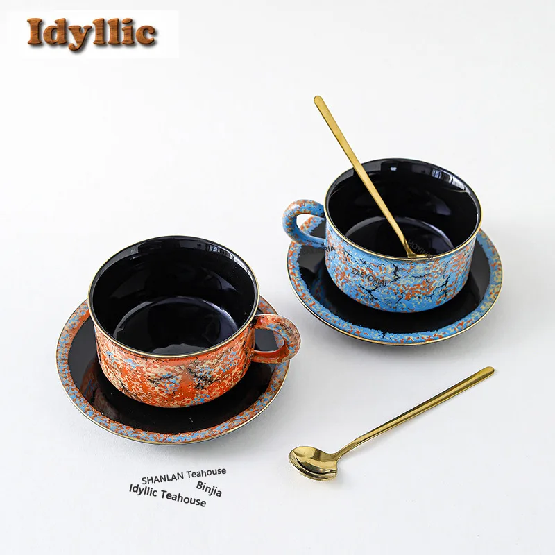 HOYIHM 250ml Wind-splashed Ink Oil Painting Gold Drawing Coffee Mug With Plate Beer Cup Afternoon Tea Mug Cup Saucer Kit Teaware