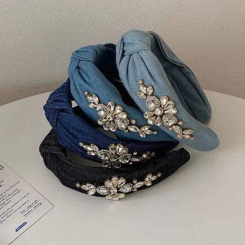 Nueva diadema de diamantes de cristal para mujer, diadema de tela vaquera a la moda, banda ancha anudada con lazo superior, accesorios para el cabello para mujer