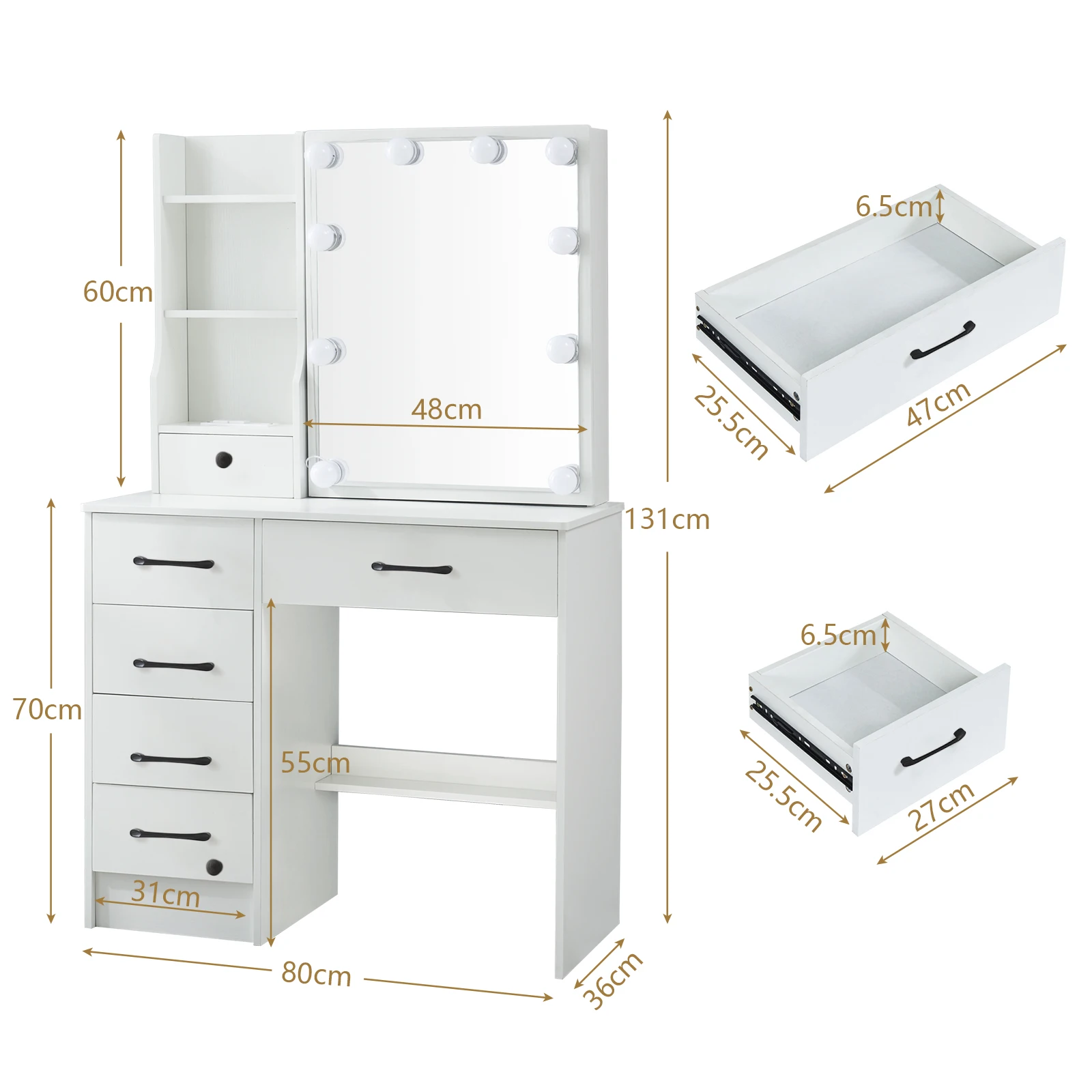 مكتب تزيين فانيتي مع 10 لمبات LED ومجموعة طاولة تسريحة مكونة من 6 أدراج #6