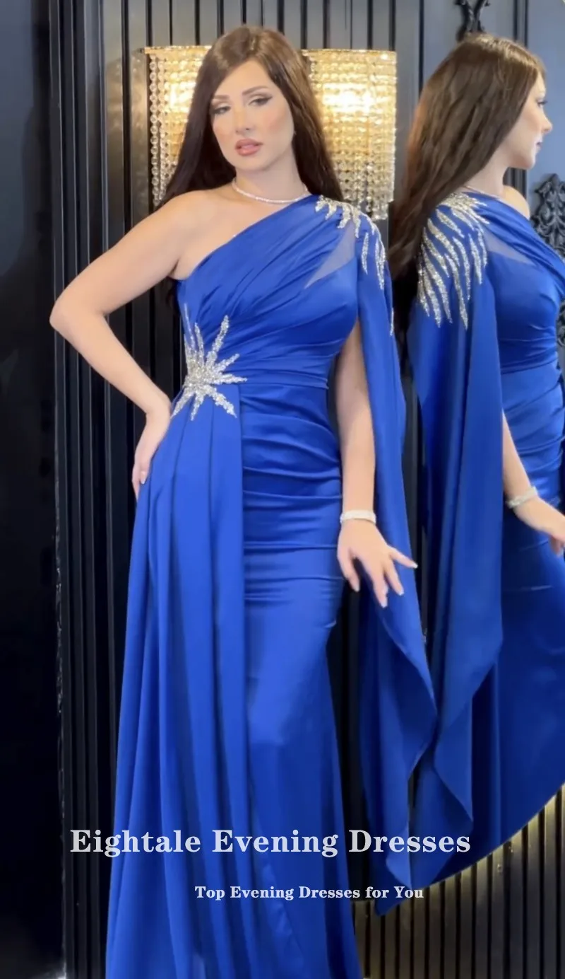 Eightale Elegant Evening Dresses One Shoulder Beaded Blue Mermaid Prom Wedding Party Dress Formal Arabic Satin Robes De Soirée