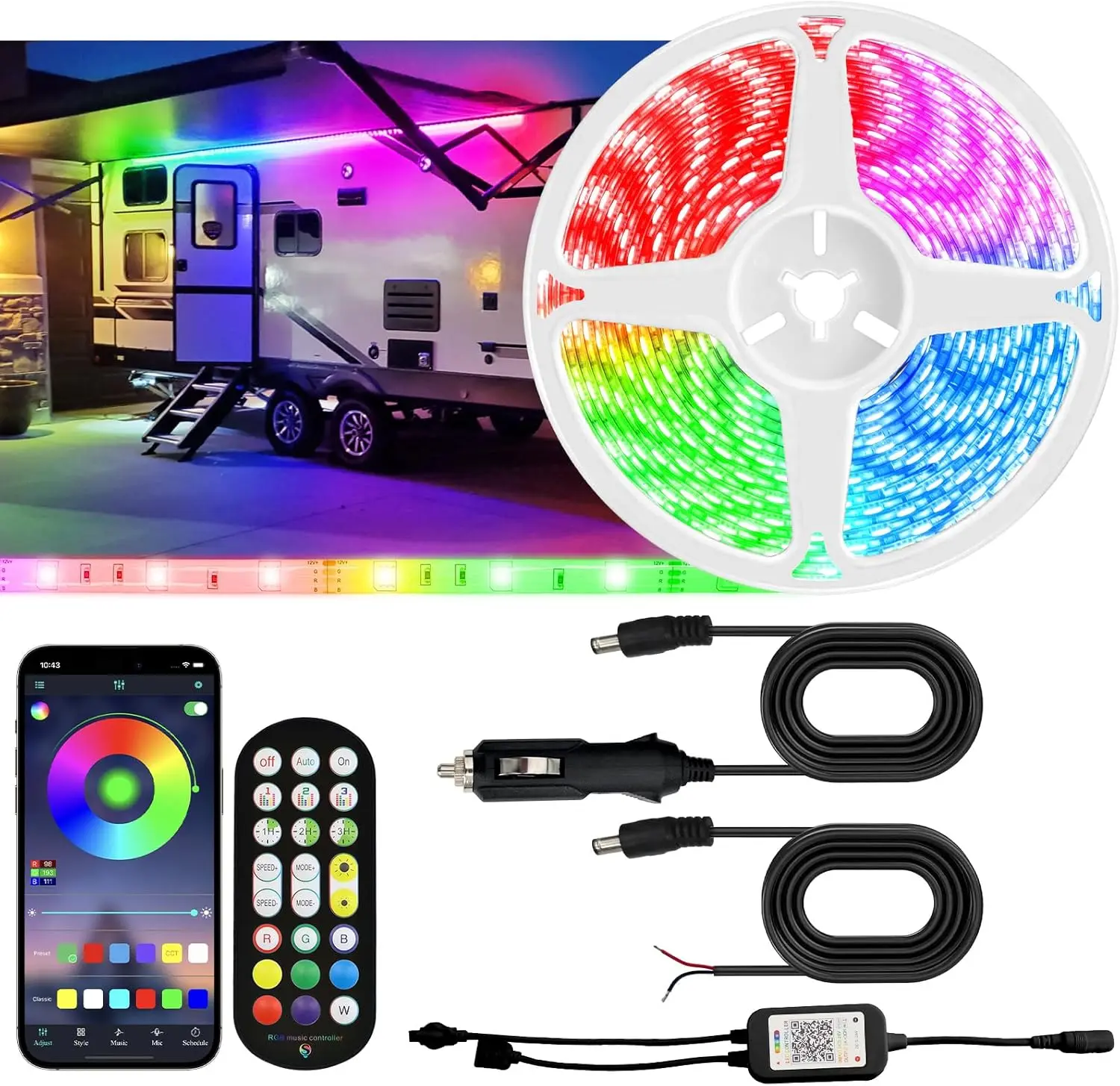 

16.4FT RV Awning LED Strip Lights, 12V Waterproof with Remote & APP Control for Camper Motorhome Camping
