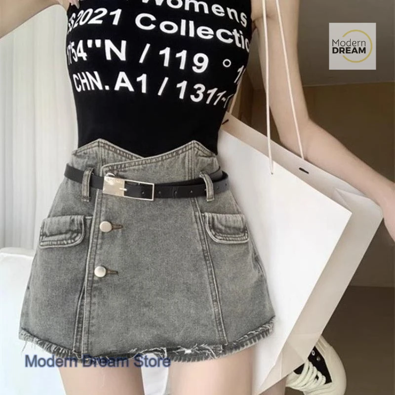 

Korean fashion temperament irregular skirt female summer new high waist high design Joker casual cowboy black A-line skirt.