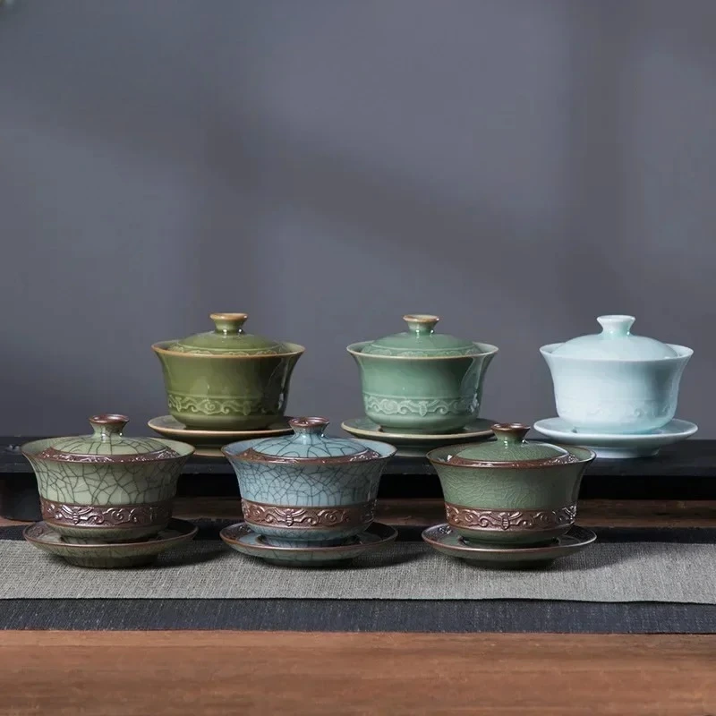

200 мл Longquan Celadon Cover Bowl Ge Kiln Ice Cracking Hand Grab Bowl с крышкой Kung Fu Teaset Sancai Cover Bowl Чайник Gaiwan